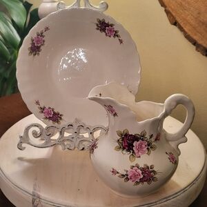 2 Pc. Ceramic Floral Pitcher & Bowl Set Cream Pink Roses Transfer 1991 Signed